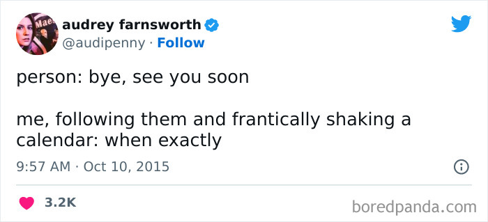 Screenshot of a funny tweet from a woman humorously describing awkward goodbyes, highlighting funniest tweets from women.