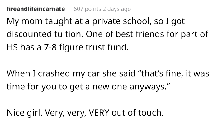 Alt text: Screenshot of Reddit comment showing privileged people’s ridiculous statements revealing disconnection from reality.