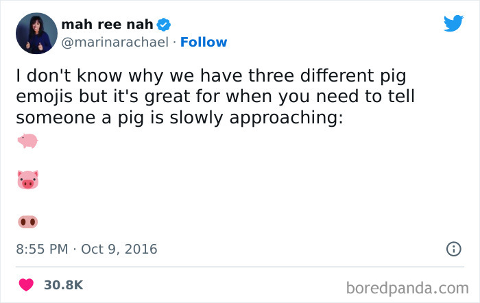 Tweet about pig emojis humor, featured in funniest tweets from women that will make you ROFL.