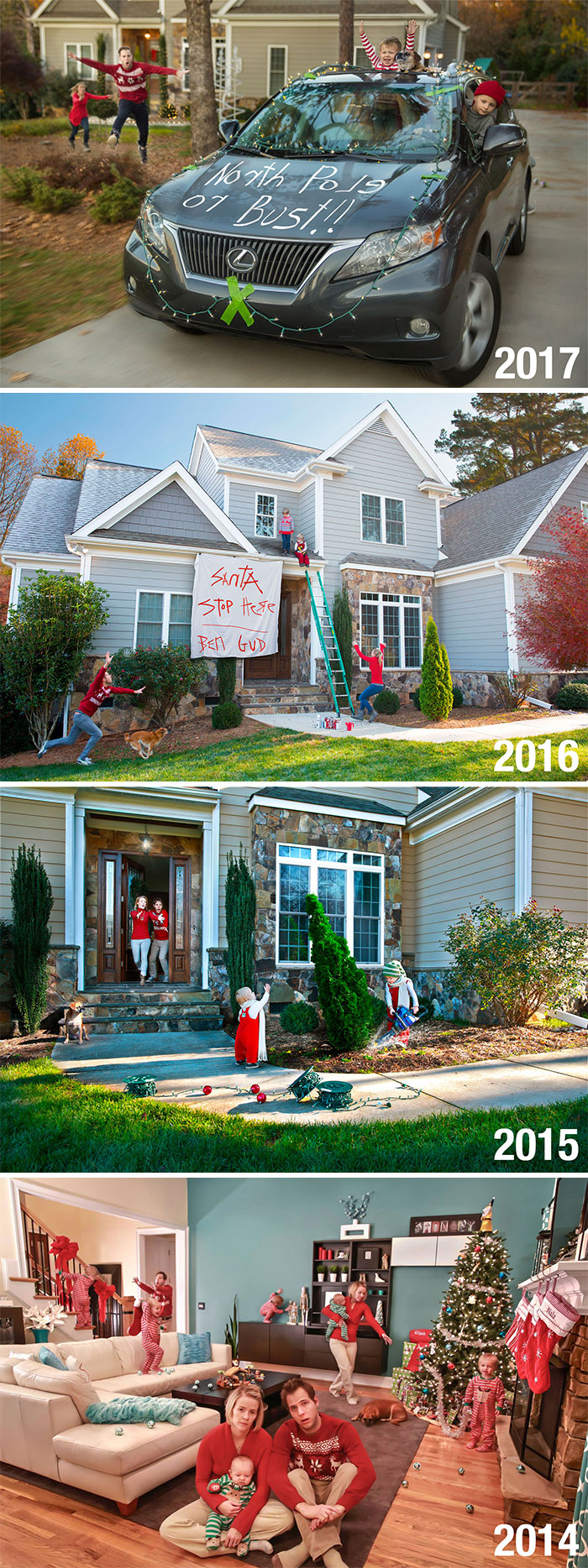 Funny Christmas cards showcase with family in themed settings from 2014 to 2017.