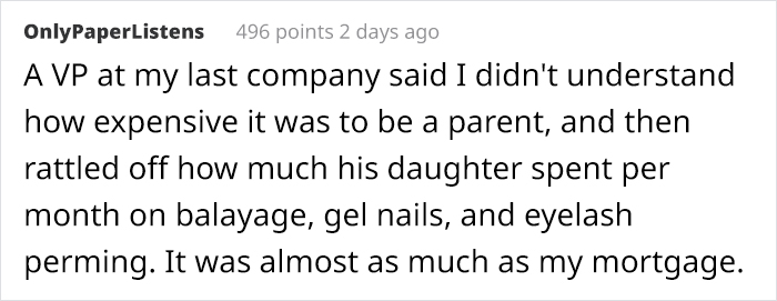 Screenshot of a privileged person's comment showing disconnection from reality about parenting expenses and luxury spending.