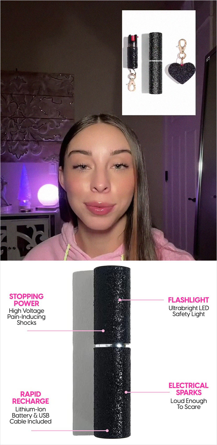 Young woman sharing life-saving personal safety tip showing a compact high voltage stun gun with flashlight features.