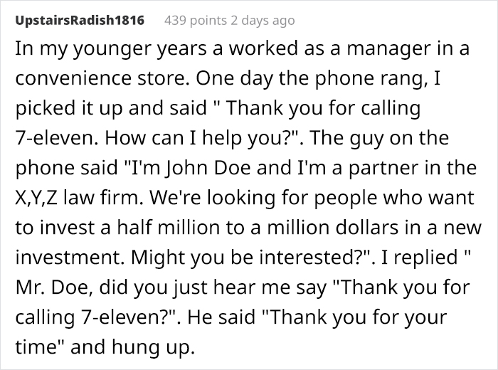 Text post showing a privileged person's disconnected story about a law firm investment call gone awkward.