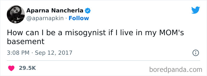 Tweet from Aparna Nancherla joking about misogyny while living in her mom's basement, part of funniest tweets from women collection.