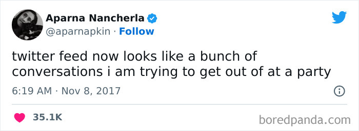 Tweet from a woman humorously describing her Twitter feed resembling party conversations, featuring funniest tweets from women.