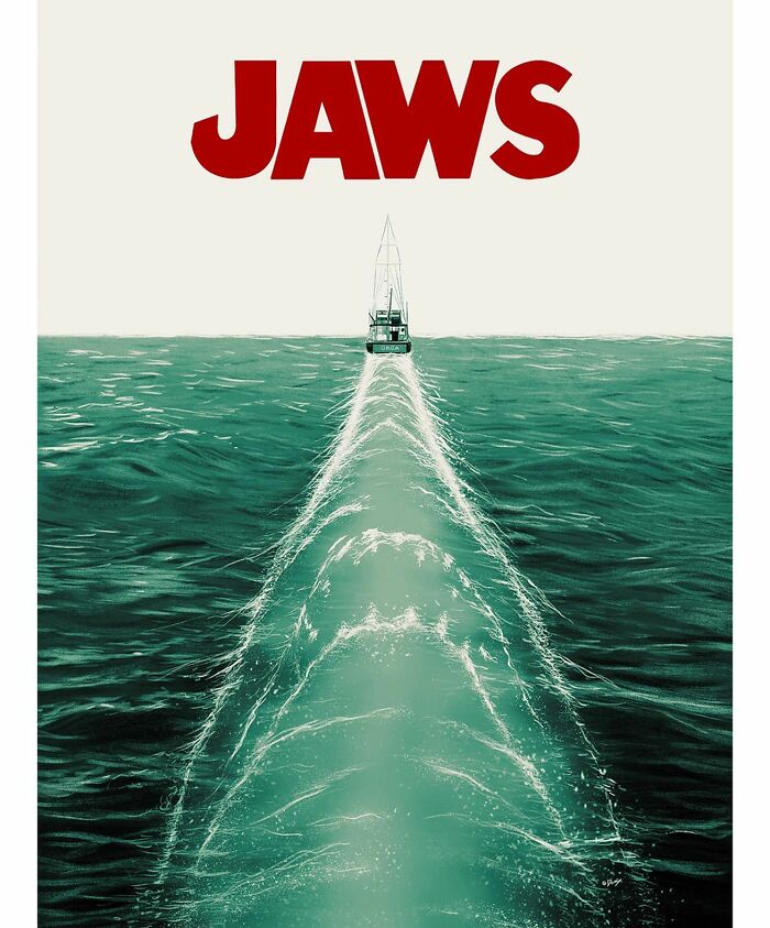 Reimagined famous movie poster for Jaws showing a boat leaving a shark-shaped trail in the ocean.
