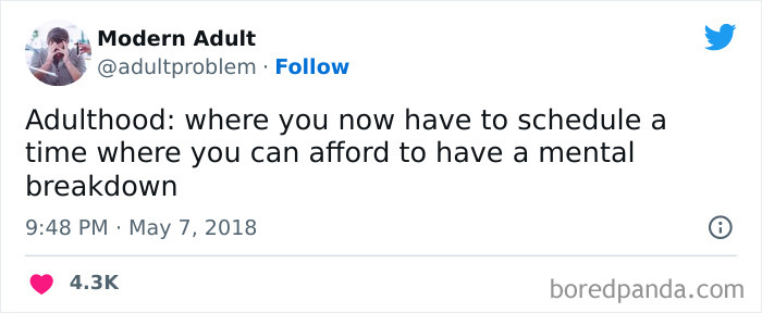 Tweet about adulting struggles, humorously describing scheduling mental breakdowns as part of adult life challenges.
