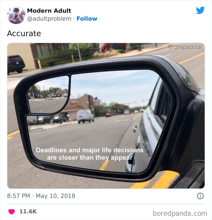 Car side mirror showing a road with text about deadlines and major life decisions, highlighting adulting struggles.