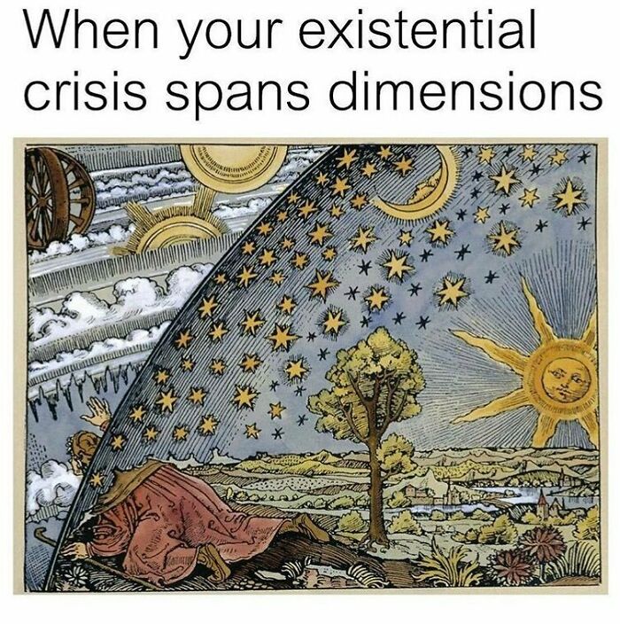 Art history meme depicting a figure peeking behind a celestial sphere with stars, sun, and moon.