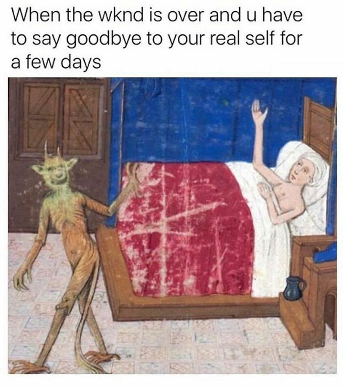 Art history meme depicting a medieval illustration; a creature waves goodbye to a person in bed.
