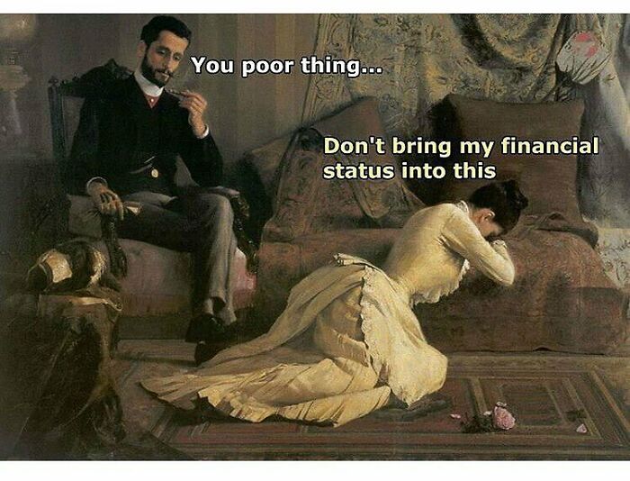 A man and woman in a classic art scene with humorous text discussing financial status, part of art history memes.