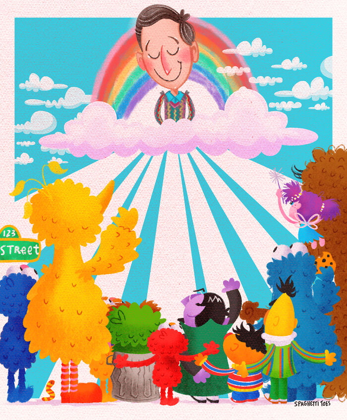 Tribute illustration honoring those we lost in 2022 with colorful characters and a rainbow in the sky above.