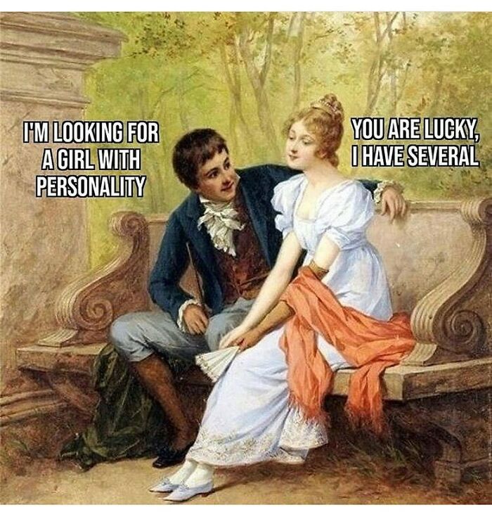 A humorous art history meme shows a couple on a bench, captioned with witty text about personality.