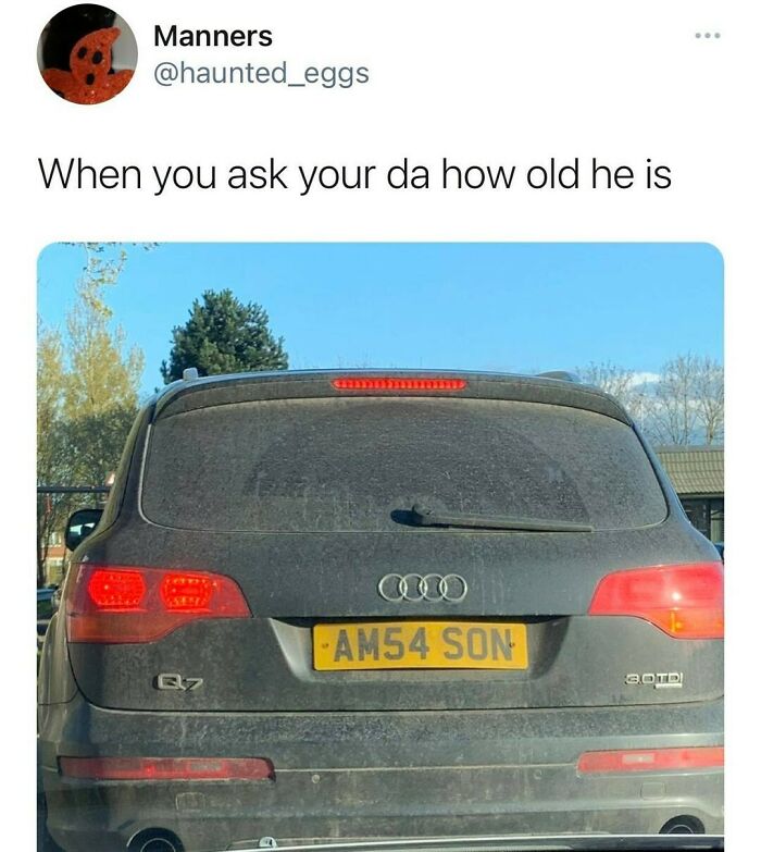 Audi Q7 car with license plate AM54 SON, dusty rear window, humor highlighting Irish family humor and culture.