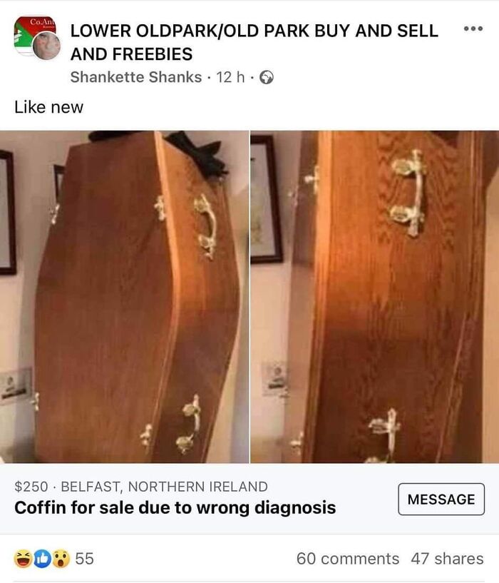 Wooden coffin for sale in Belfast with unique shape, highlighting humor and culture in Ireland life and customs.