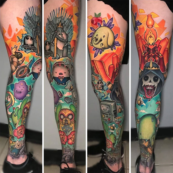 Leg sleeve featuring cartoon tattoos inspired by favorite animated shows, colorful and vibrant design with various characters.