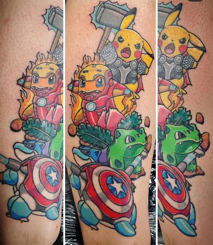 Colorful cartoon tattoo featuring characters from animated shows, combining superhero and Pokémon themes on an arm.