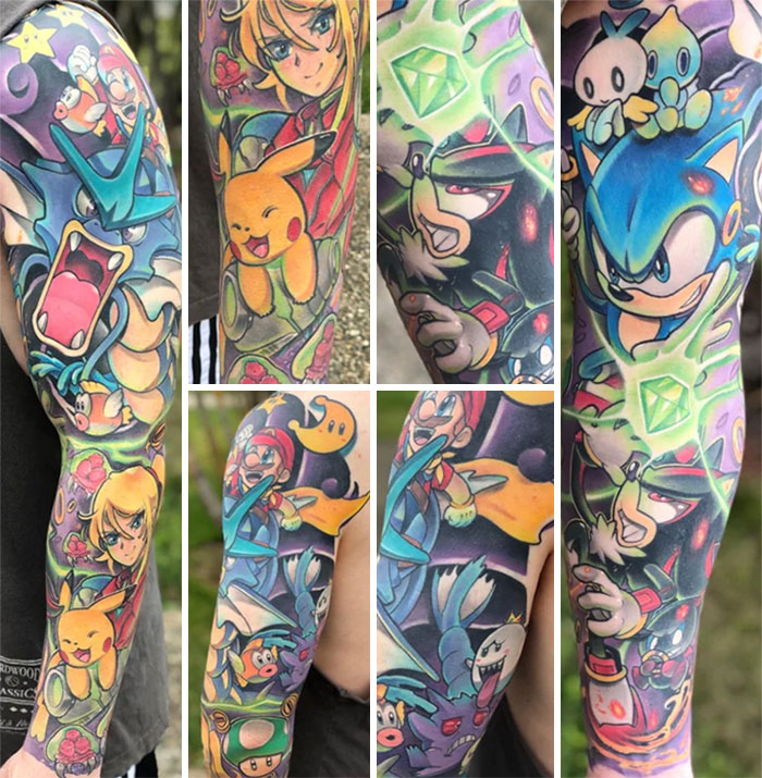 Colorful cartoon tattoos featuring childhood favorites, including iconic characters, covering full sleeves.