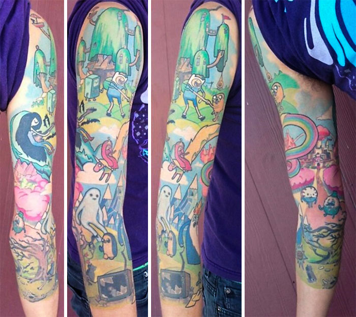 Colorful cartoon tattoos inspired by childhood favorites on a person's arm.