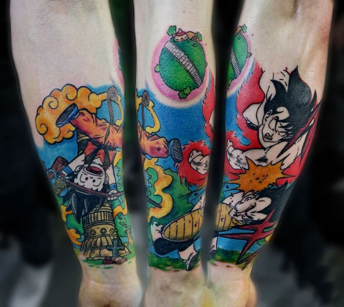 Colorful cartoon tattoos featuring favorite childhood characters on forearm.