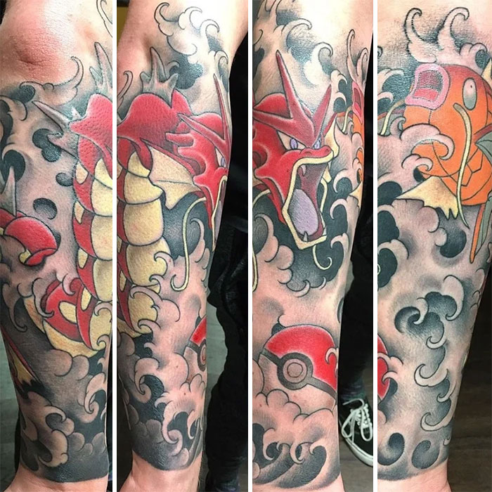 Colorful cartoon tattoos featuring iconic characters in bold, dynamic designs on a forearm.