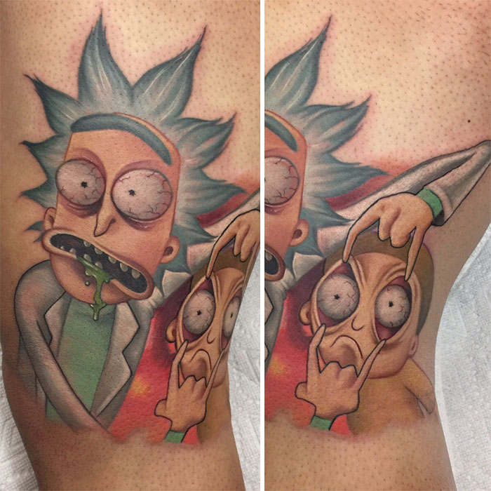 Cartoon tattoo of Rick opening Morty's eyes, vibrant colors for a nostalgic feel.