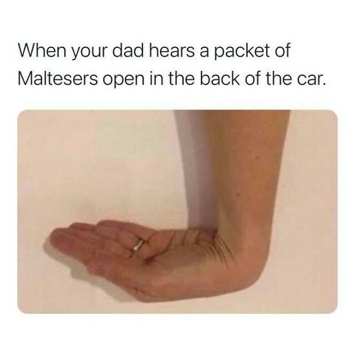 Hand positioned as a cupped palm meme illustrating a funny moment about Ireland and family reactions in the car.