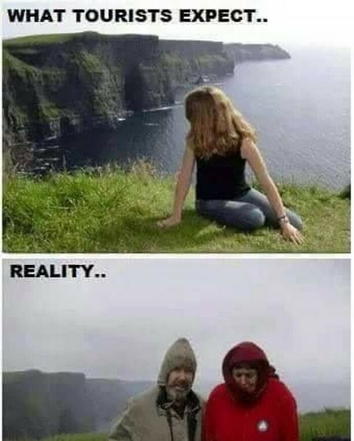 Tourists expecting scenic Ireland cliffs in sunshine contrasted with reality of cold, rainy weather and bundled visitors outdoors.