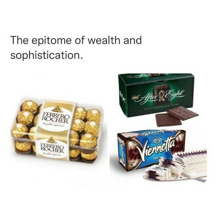 Luxury chocolates Ferrero Rocher, After Eight mints, and Viennetta ice cream representing wealth and sophistication in Ireland.