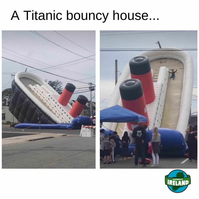 Inflatable Titanic bouncy house slide with people playing, showcasing a fun and unique Ireland attraction experience.