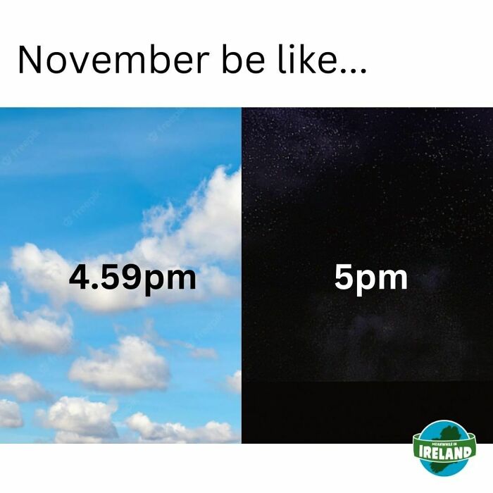 Daylight rapidly fades in Ireland in November, with clear skies turning dark between 4:59 pm and 5 pm.