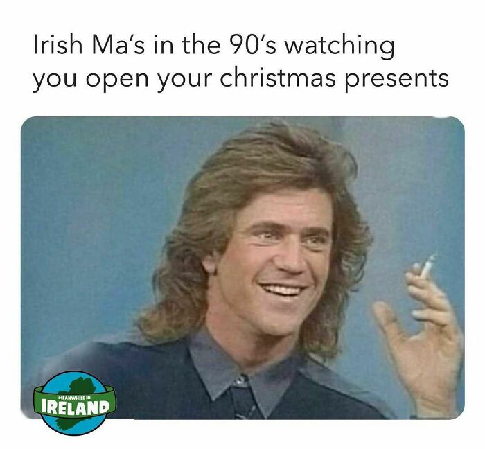 Man with 90s hairstyle smiling and holding cigarette, representing Irish Ma’s culture in Ireland humor and lifestyle.