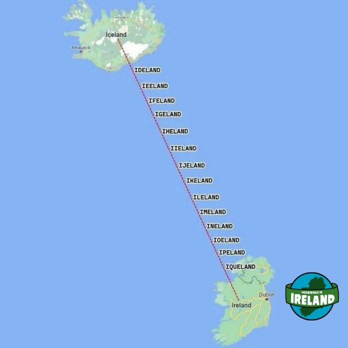 Map humor showing the distance between Iceland and Ireland with playful misspellings highlighting Ireland SEO keywords.