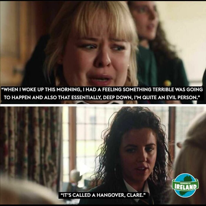 Two women in conversation indoors with Ireland logo, highlighting a humorous moment about hangovers in Ireland.