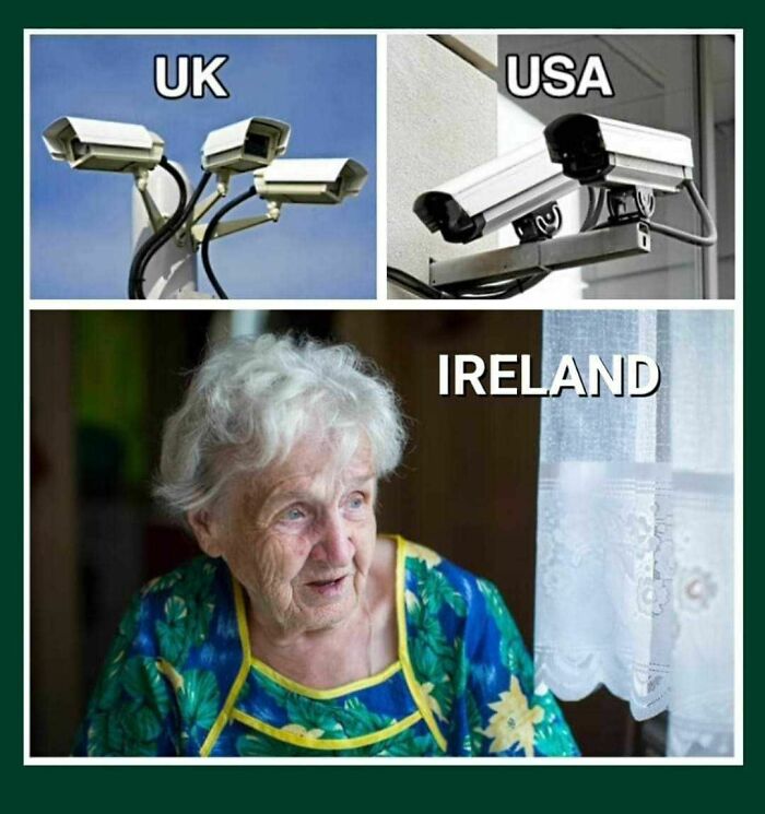 Surveillance cameras in UK and USA compared to an elderly woman looking out a window in Ireland, highlighting Ireland uniqueness.