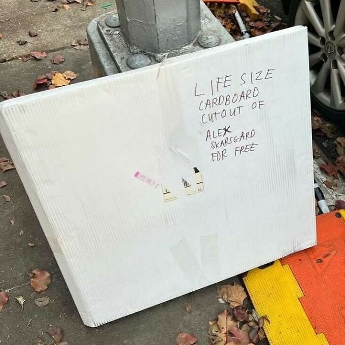 Life size cardboard cutout of Alex Skarsgard left on sidewalk, illustrating one man's trash is another man's treasure concept.