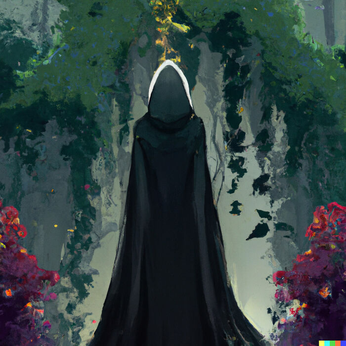 Dark Cloaked Person In An Indoor Garden
