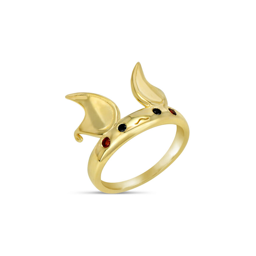 Raichu Inspired Ring- 14k Gold, Black Diamonds, Rubies