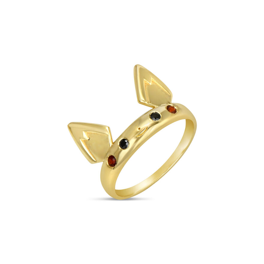 Pichu Inspired Ring- 14k Gold, Black Diamonds, Rubies
