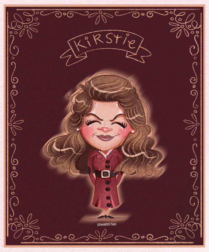 Tribute illustration of a woman named Kirstie with wavy hair and burgundy dress, part of 2022 tribute illustrations series.