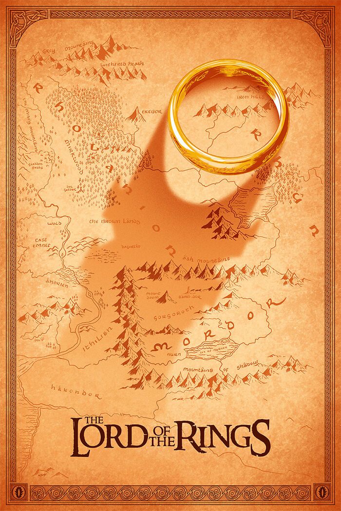 Reimagined famous movie poster of The Lord of the Rings featuring a detailed map and a shiny golden ring.