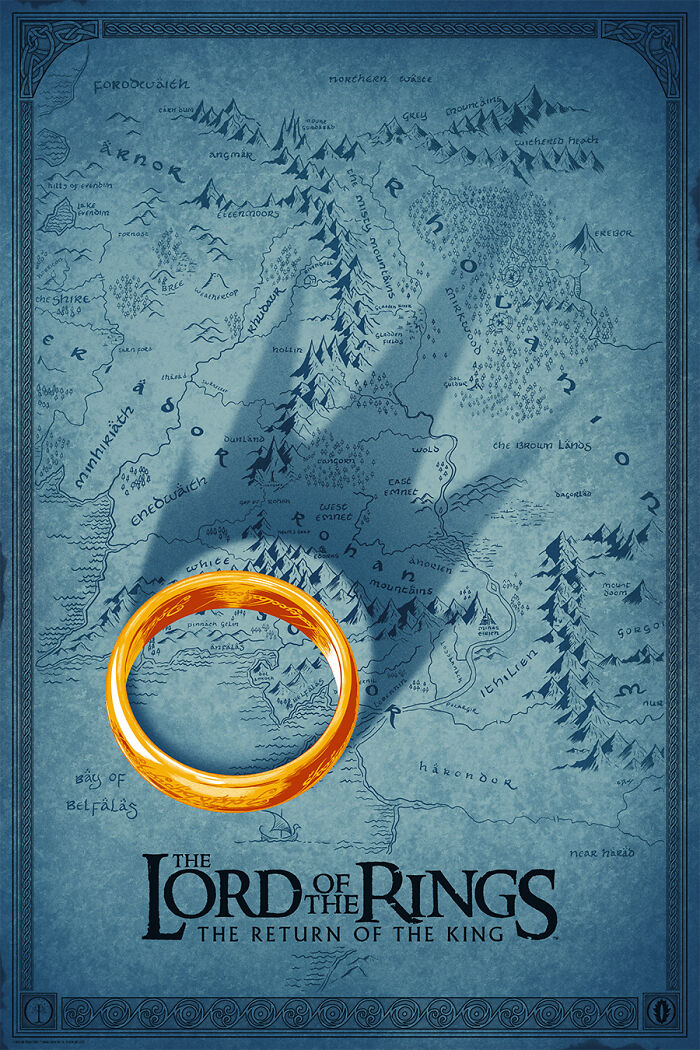 Reimagined famous movie poster featuring a detailed map and the iconic gold ring from Lord of the Rings.