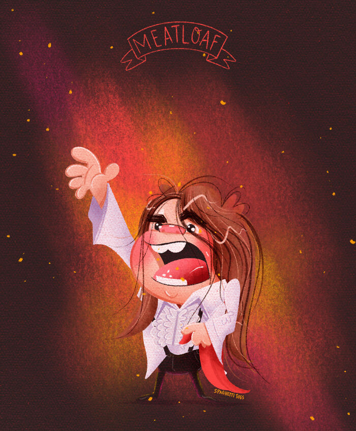 Tribute illustration of Meat Loaf with fiery background honoring those we lost in 2022 in a vibrant cartoon style.