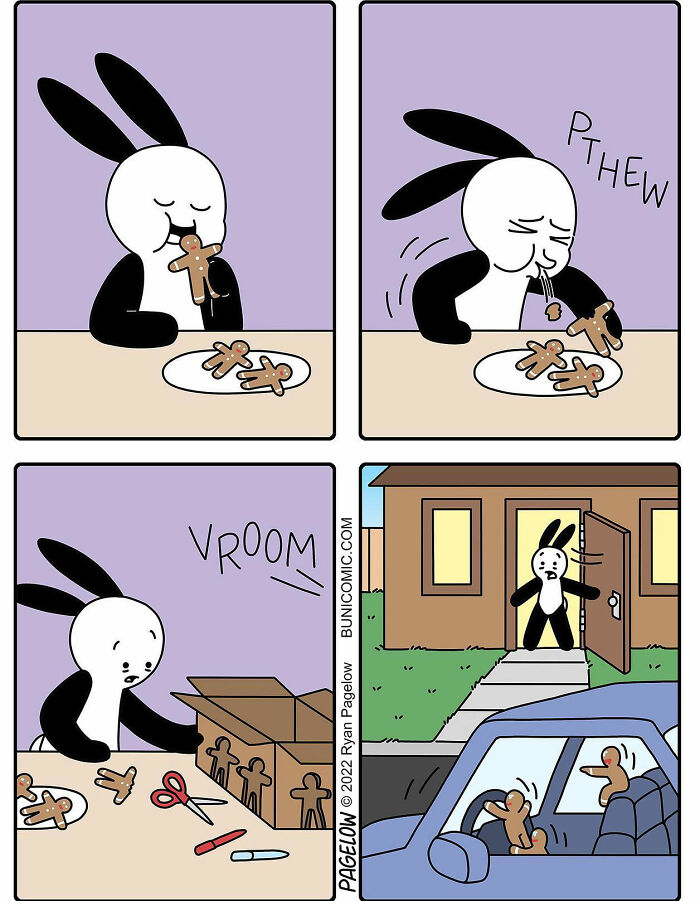 Comic artist’s twisted endings shown with a rabbit eating gingerbread men that come to life and drive away in a car.