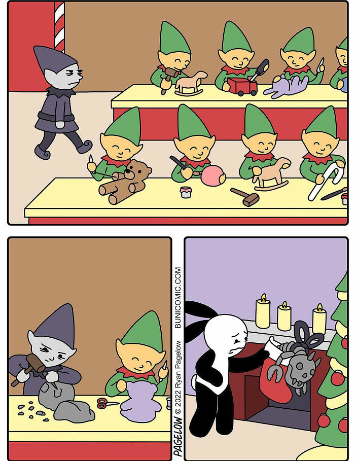 Comic artist illustration of elves making toys with a dark twist shown by a sad bunny holding a creepy stocking gift.