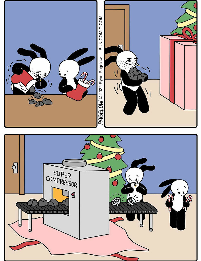 Black and white comic characters use a super compressor machine turning coal into diamonds with a Christmas tree in the background.