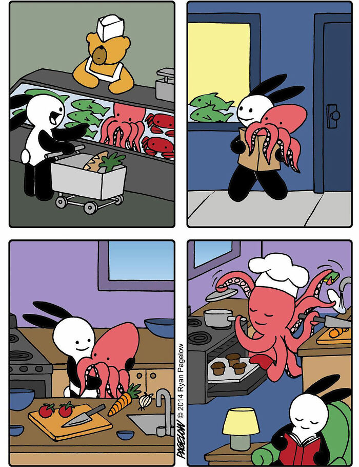 Comic artist illustrating a twisted ending where a character buys and befriends an octopus for cooking in a surprising twist.