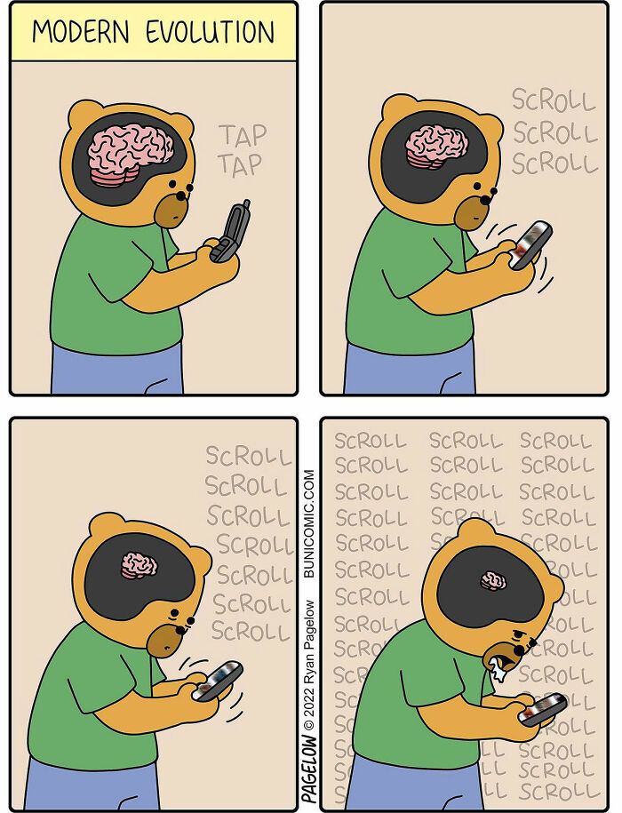 Comic artist illustration showing a bear’s brain shrinking as it scrolls on a smartphone, highlighting twisted endings.