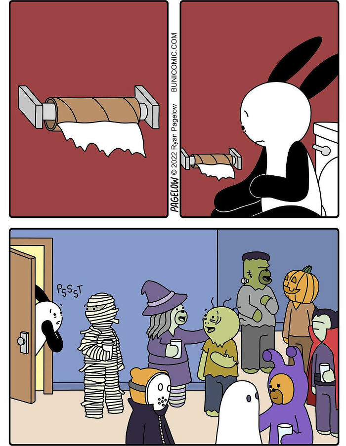 Comic artist reveals twisted endings with a rabbit surprised by an empty toilet paper roll and Halloween characters at a party.