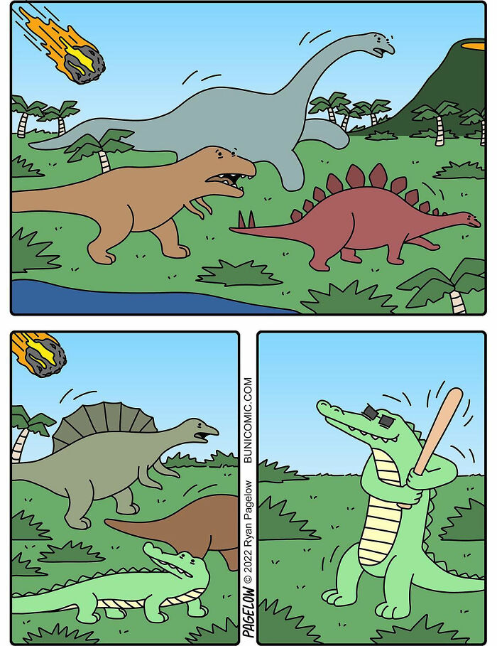 Cartoon comic artist drawing dinosaurs reacting to an asteroid with a surprising twisted ending involving a cool crocodile.